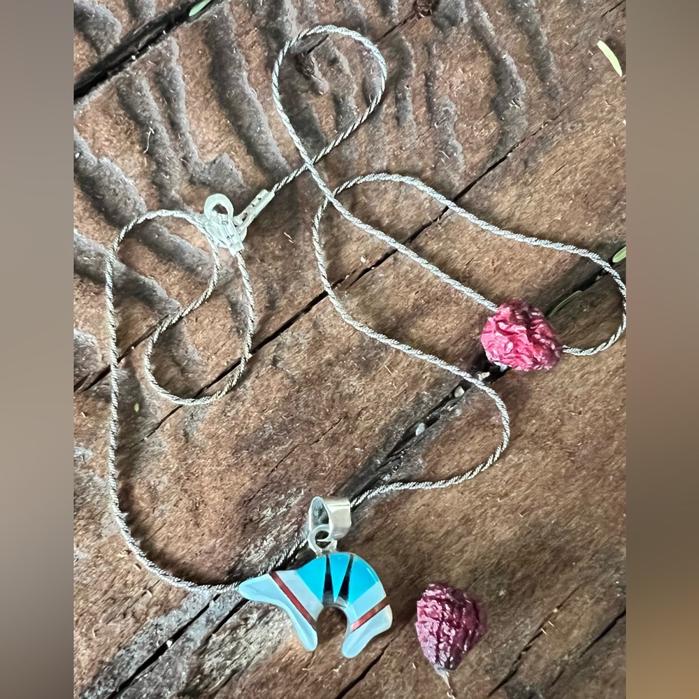 Navajo Mel Bernally Necklace Bear Pendant Turquoise MOP Silver Sleeping Beauty